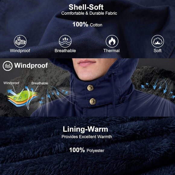 Mens Navy Thick Winter Jacket Hooded Fleece Lined Cotton Military Coat - Picture 3 of 6